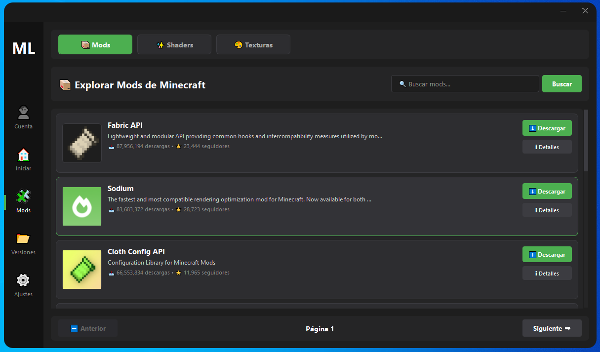 ModerLauncher - Vista previa de mods